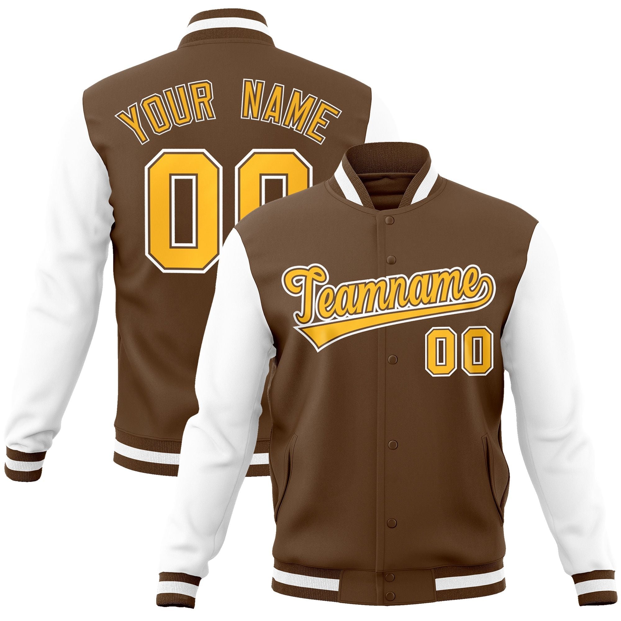 Custom Light Brown Gold-White Raglan Sleeves Varsity Full-Snap Letterman Jacket