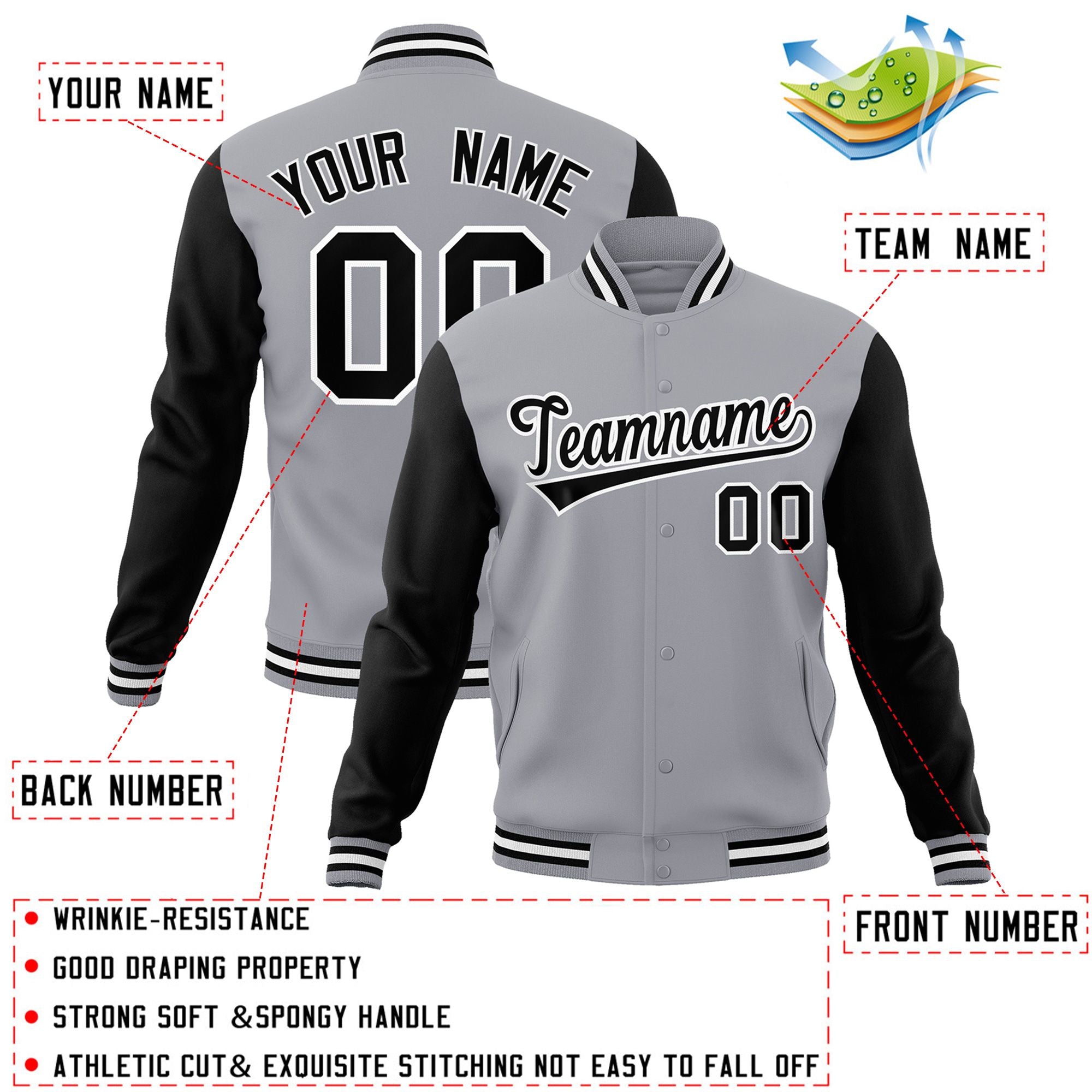 Veste Letterman Varsity Full-Snap à manches raglan gris noir-blanc personnalisée