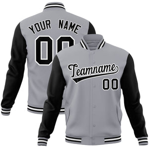 Custom Gray Black-White Raglan Sleeves Varsity Full-Snap Letterman Jacket