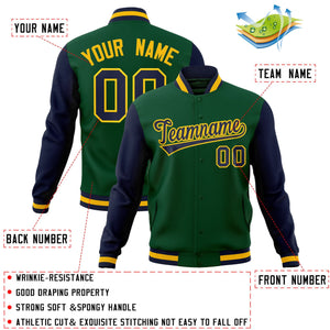 Veste Letterman Varsity Full-Snap à manches raglan personnalisées vert marine-or