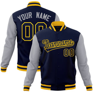 Custom Navy Navy-Gold Raglan Sleeves Varsity Full-Snap Letterman Jacket