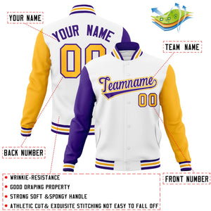 Custom White Purple-White Raglan Sleeves Varsity Full-Snap Letterman Jacket