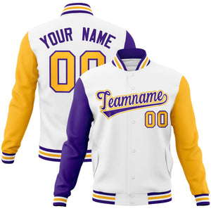 Custom White Purple-White Raglan Sleeves Varsity Full-Snap Letterman Jacket