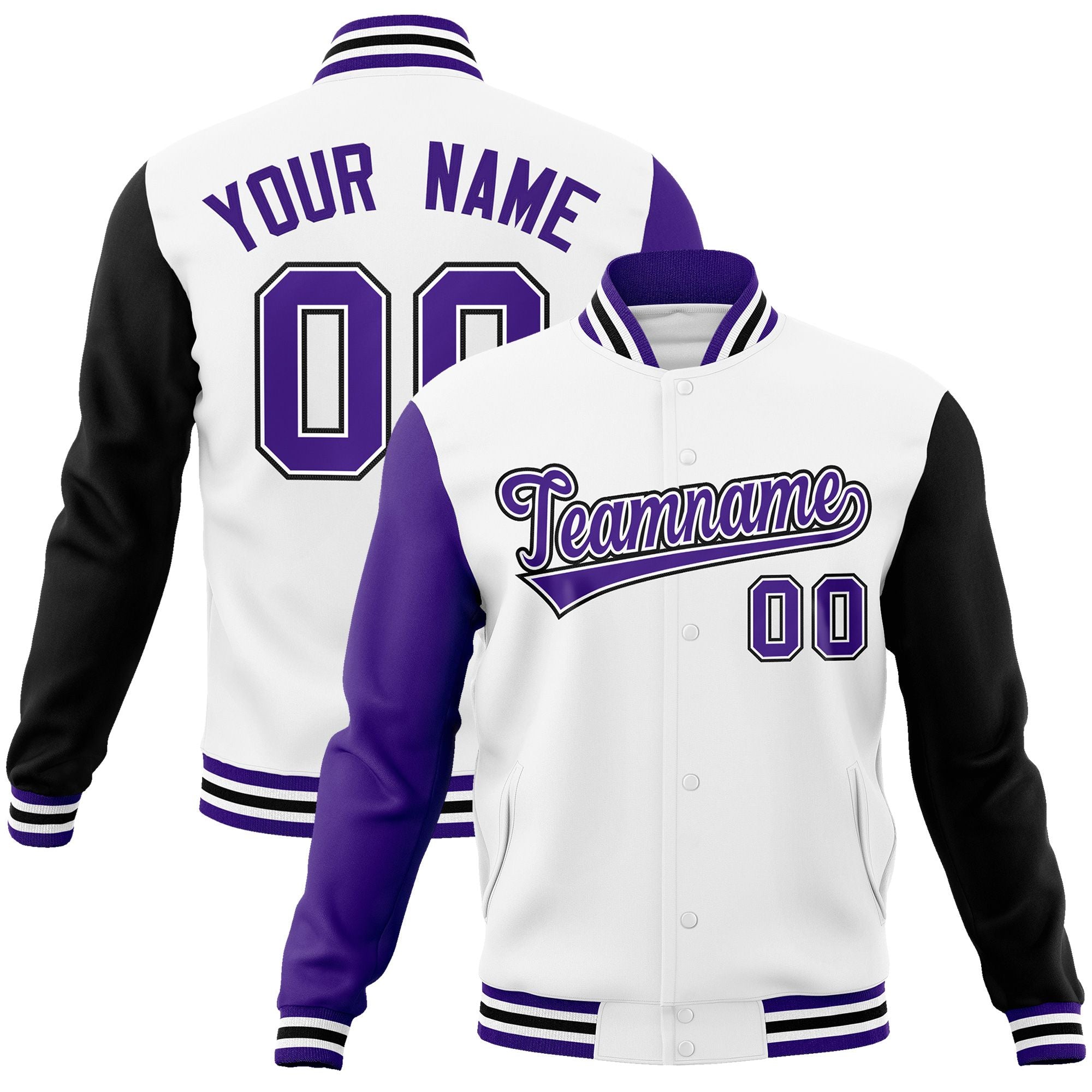 Custom White Purple-White Raglan Sleeves Varsity Full-Snap Letterman Jacket