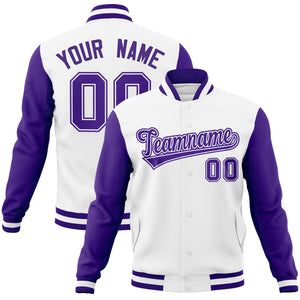 Custom White Purple-White Raglan Sleeves Varsity Full-Snap Letterman Jacket