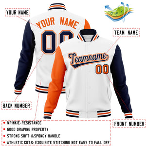 Custom White Navy-White Raglan Sleeves Varsity Full-Snap Letterman Jacket