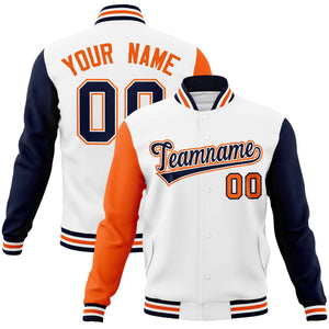 Custom White Navy-White Raglan Sleeves Varsity Full-Snap Letterman Jacket