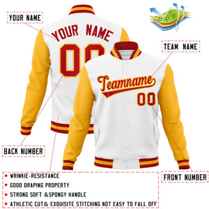 Veste Letterman Varsity Full-Snap à manches raglan personnalisées blanc rouge-or