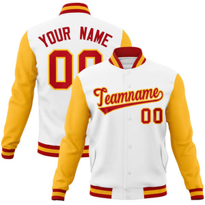 Custom White Red-Gold Raglan Sleeves Varsity Full-Snap Letterman Jacket