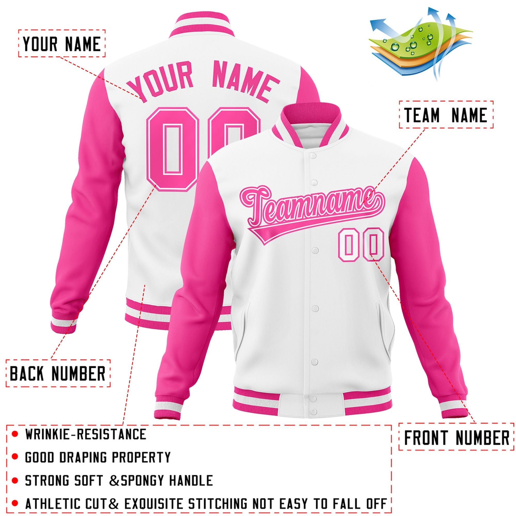 Veste Letterman Varsity Full-Snap à manches raglan blanc rose-blanc personnalisée