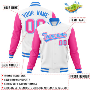 Custom White Powder Blue-White Raglan Sleeves Varsity Full-Snap Letterman Jacket