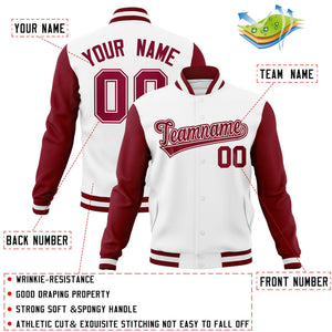 Veste Letterman Varsity Full-Snap à manches raglan blanc cramoisi-blanc personnalisée