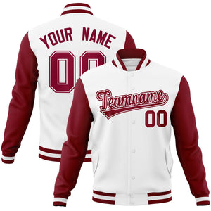 Custom White Crimson-White Raglan Sleeves Varsity Full-Snap Letterman Jacket