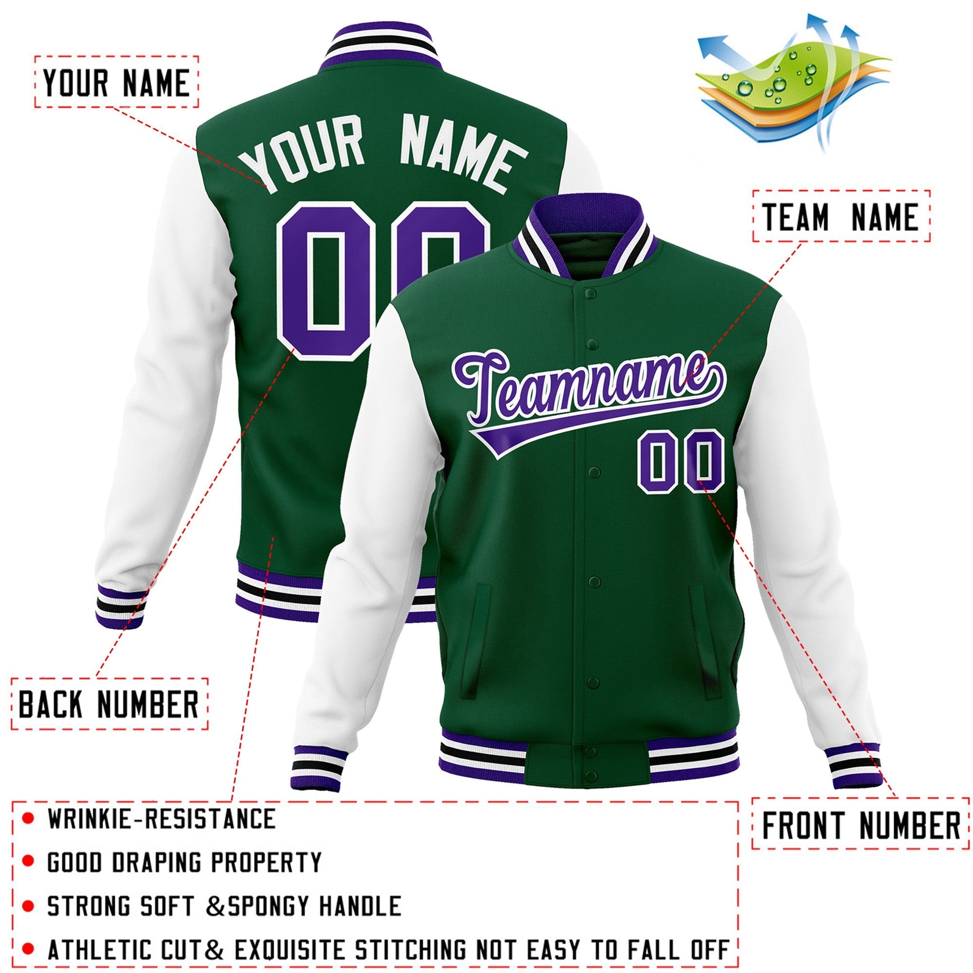 custom green&white raglan sleeves varsity full snap baseball jackets for school teams