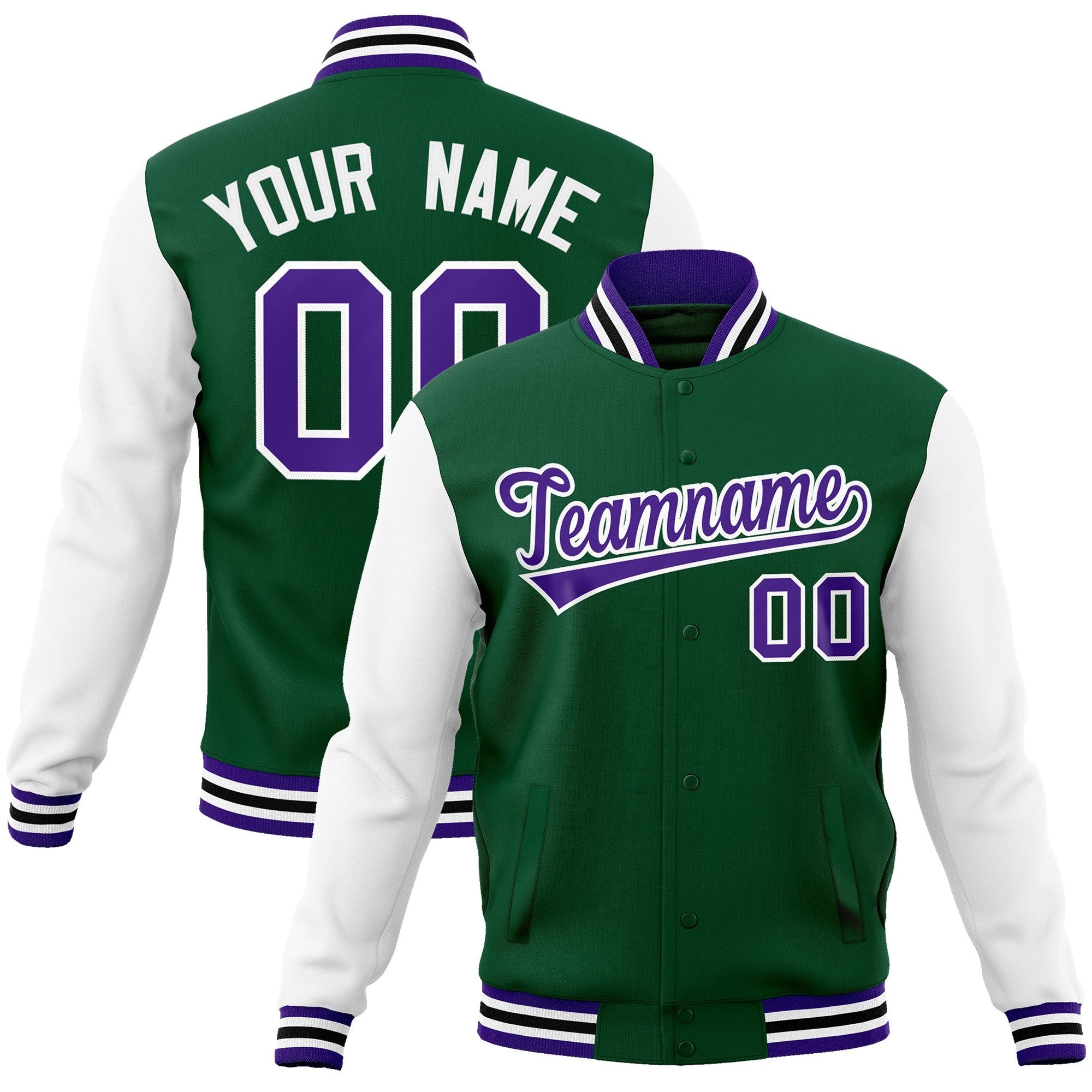 Custom Green Purple-White Raglan Sleeves Varsity Full-Snap Letterman Jacket