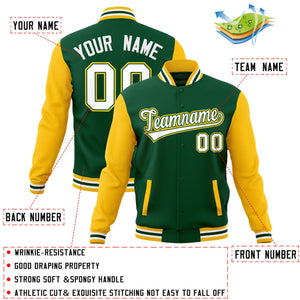 Veste Letterman Varsity Full-Snap à manches raglan personnalisées vert blanc-vert