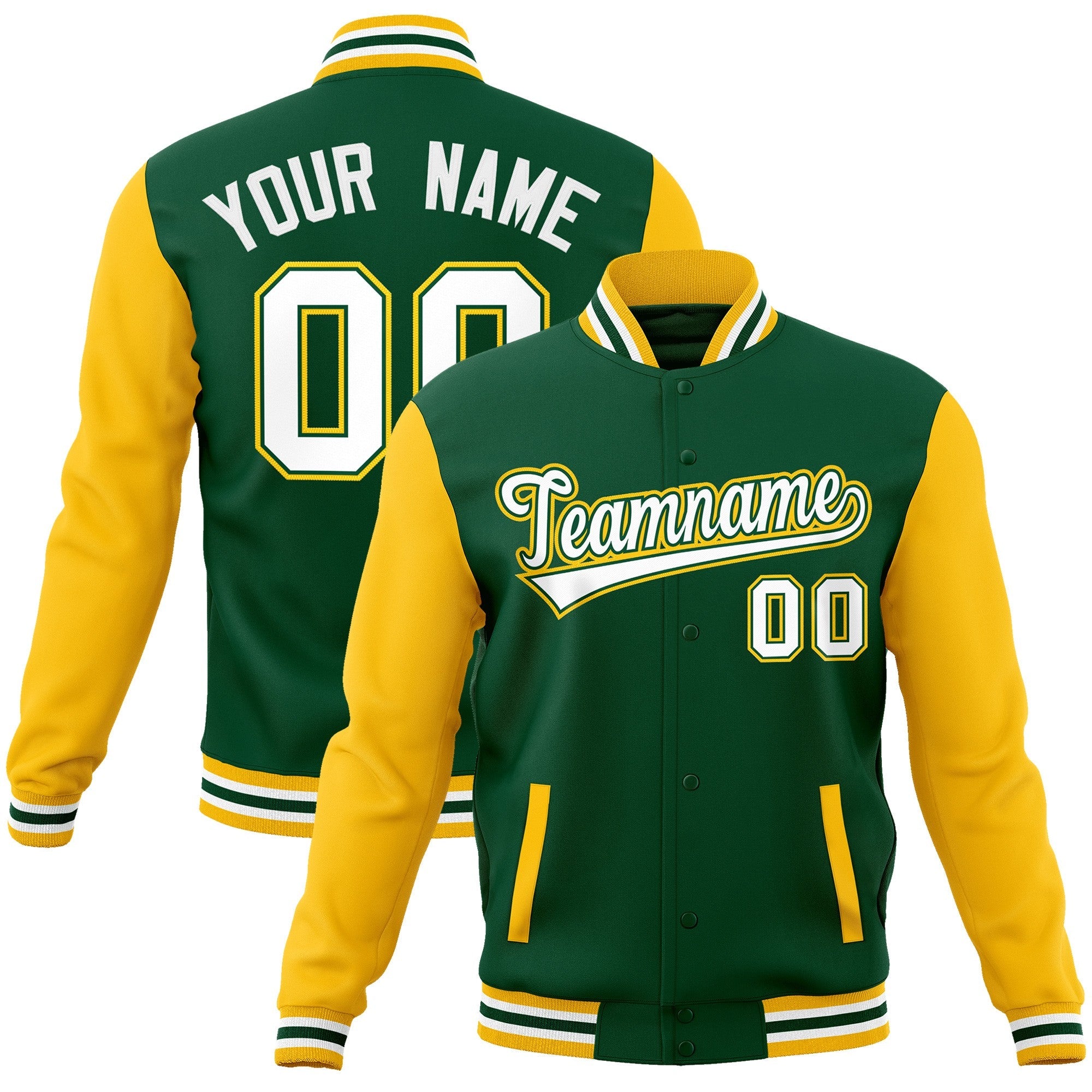 Custom Green White-Green Raglan Sleeves Varsity Full-Snap Letterman Jacket