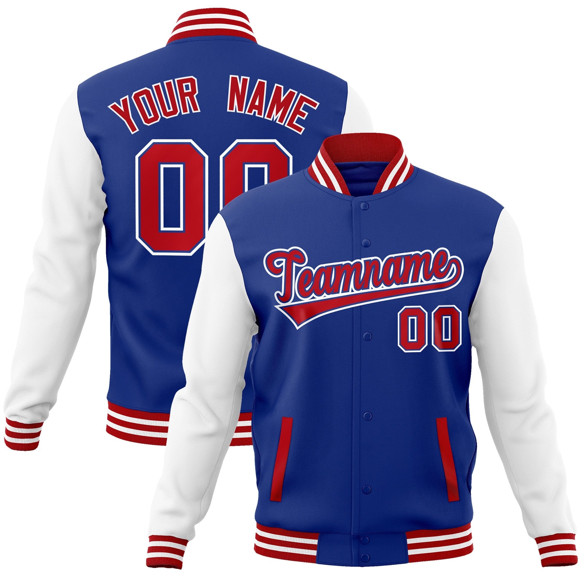 Custom Royal Red-Royal Raglan Sleeves Varsity Full-Snap Letterman Jacket