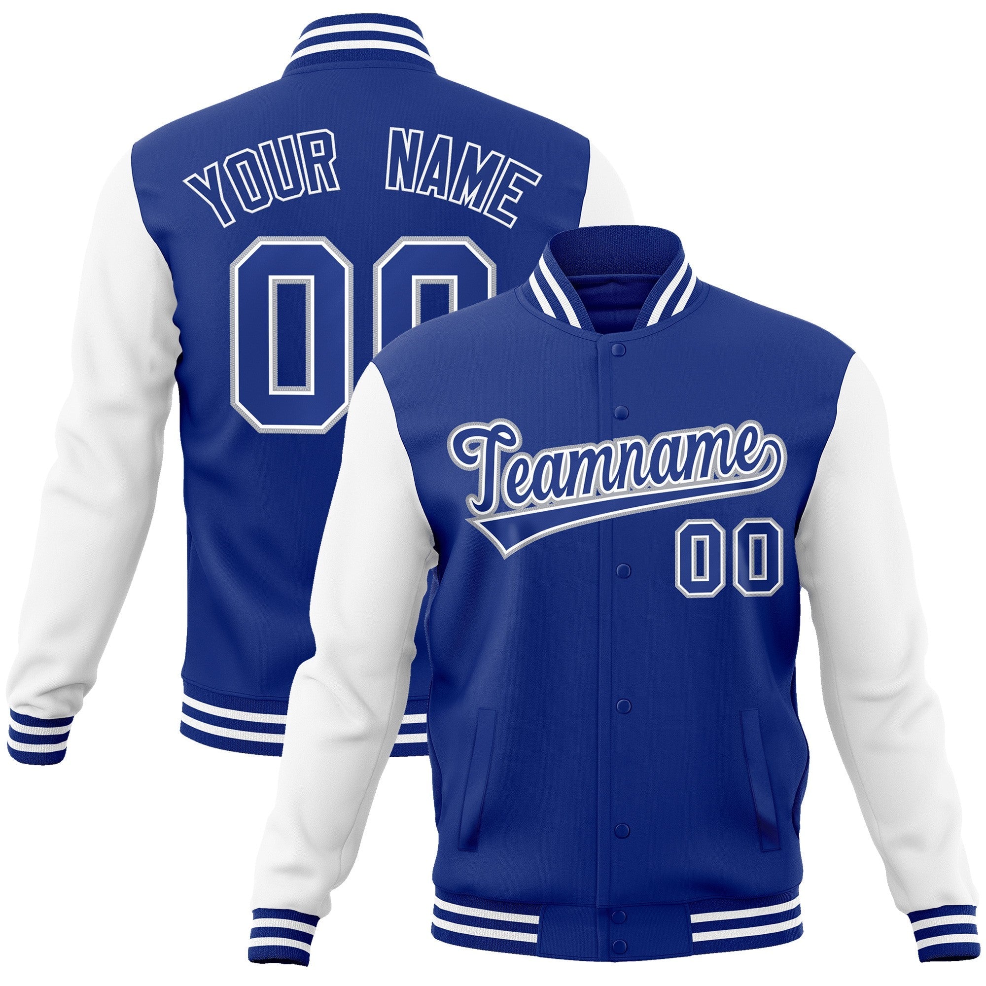 Custom Royal Royal-White Raglan Sleeves Varsity Full-Snap Letterman Jacket