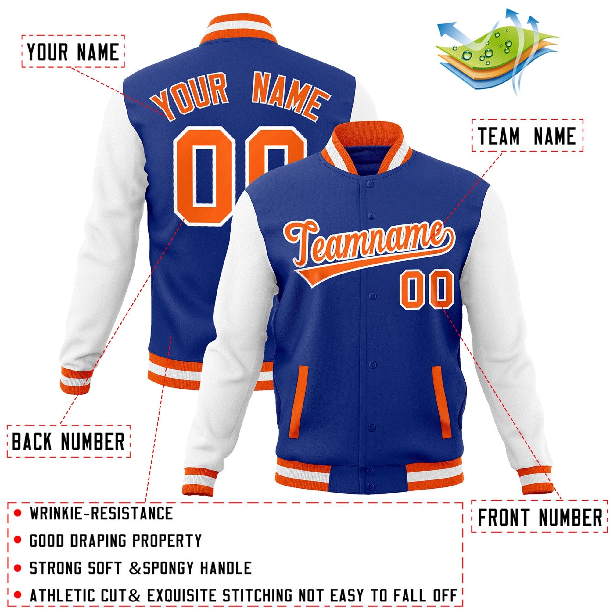 Veste Letterman Varsity Full-Snap Custom Royal Orange-Blanc à manches raglan