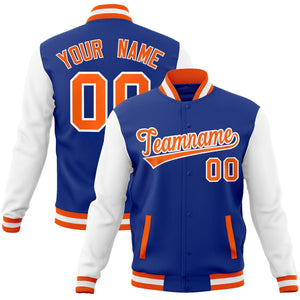 Custom Royal Orange-White Raglan Sleeves Varsity Full-Snap Letterman Jacket