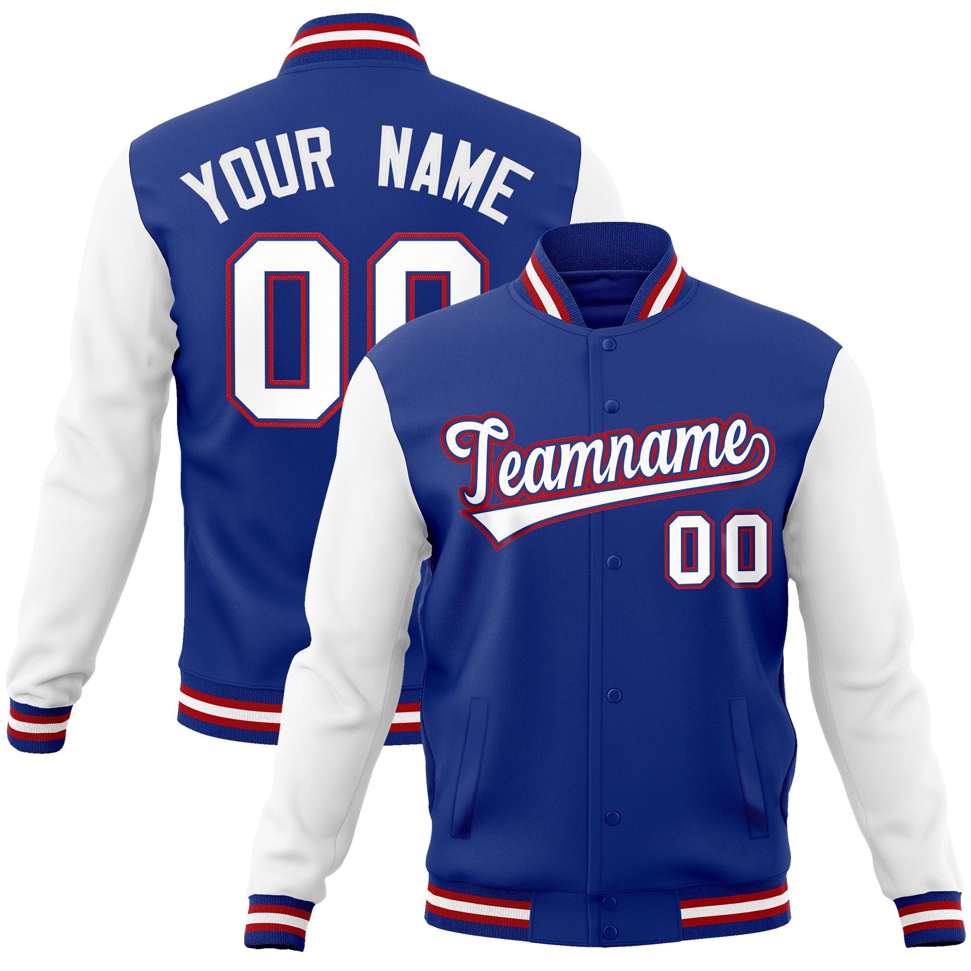 Custom Royal White-Royal Raglan Sleeves Varsity Full-Snap Letterman Jacket