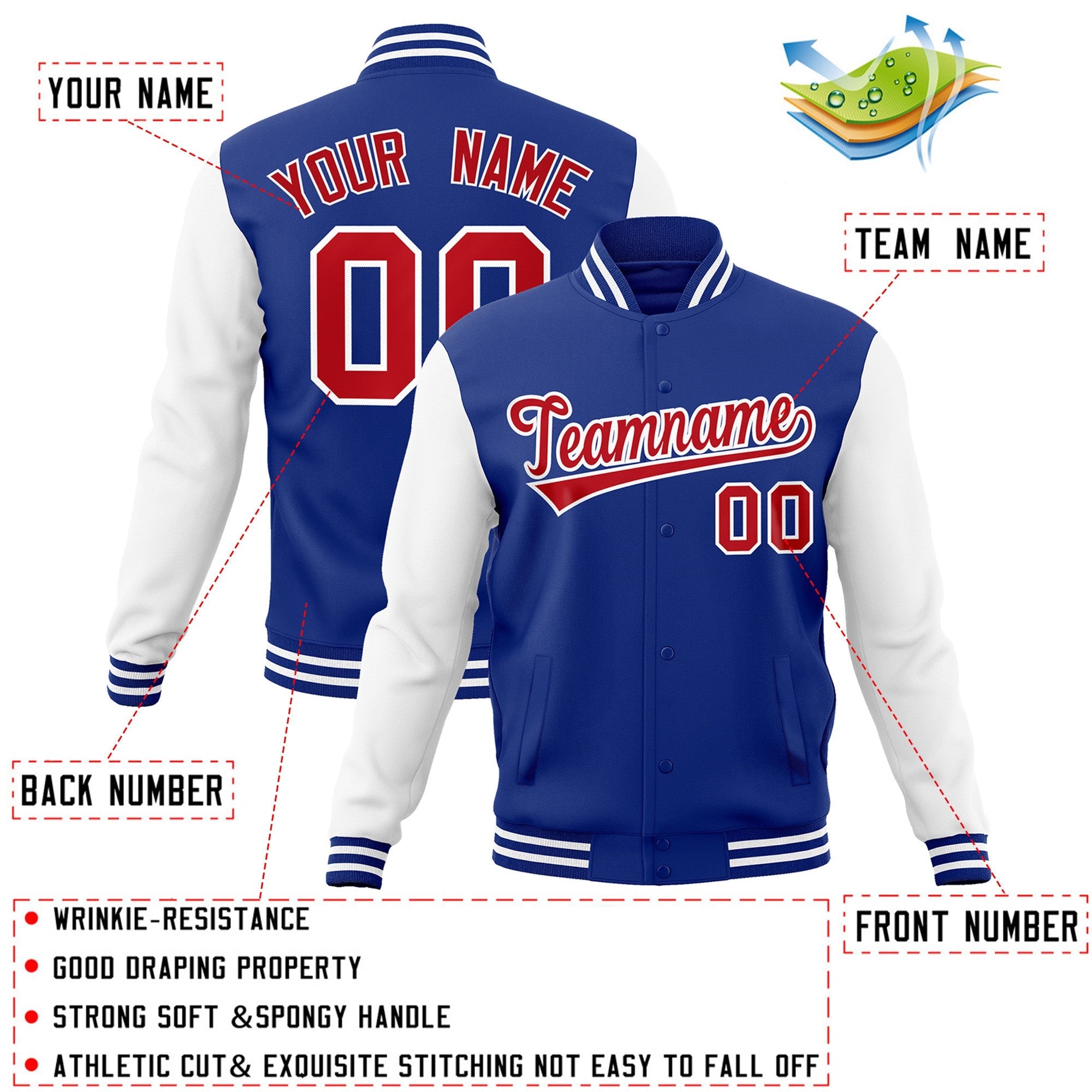 Veste Letterman Varsity Full-Snap à manches raglan personnalisées Royal Red-White