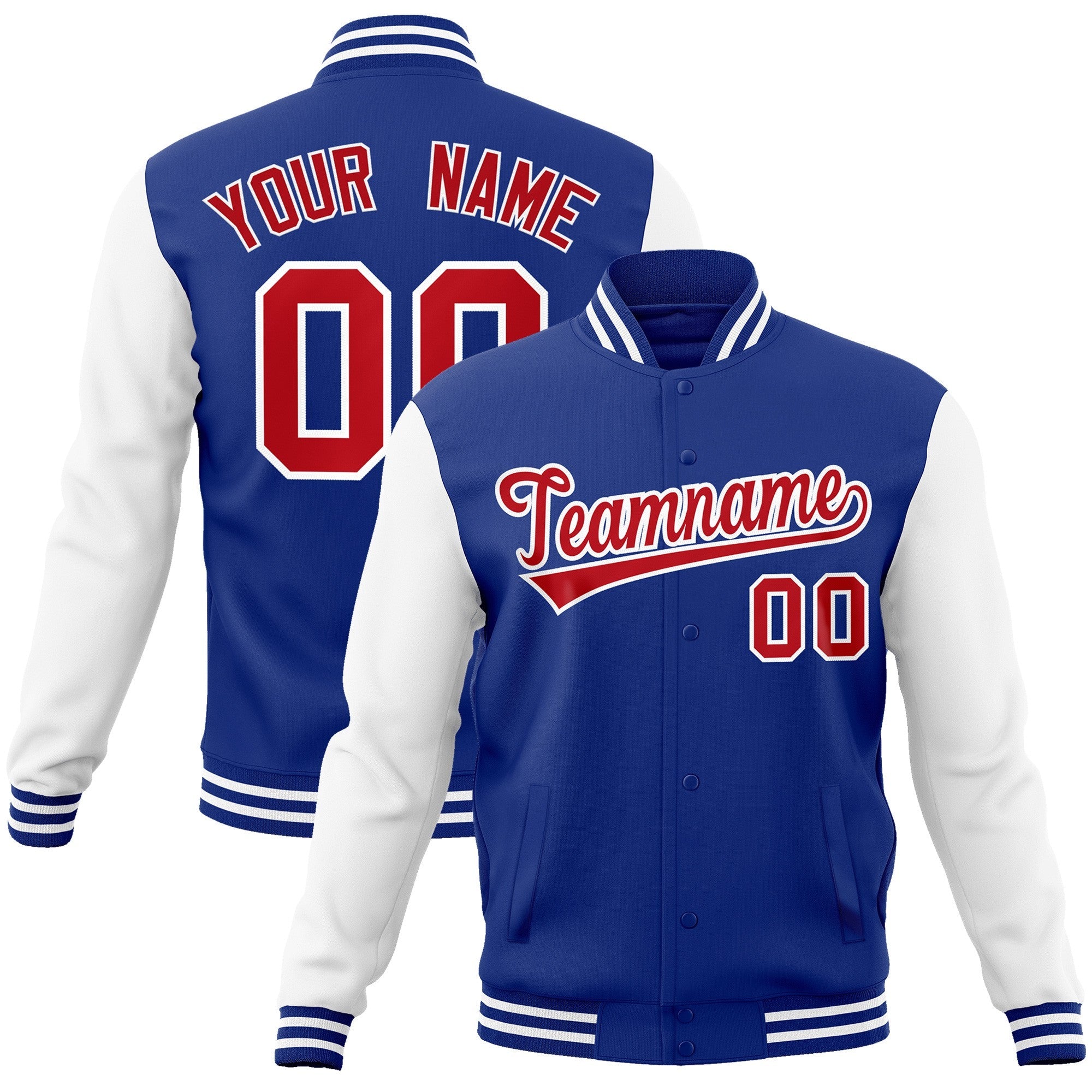 Custom Royal Red-White Raglan Sleeves Varsity Full-Snap Letterman Jacket