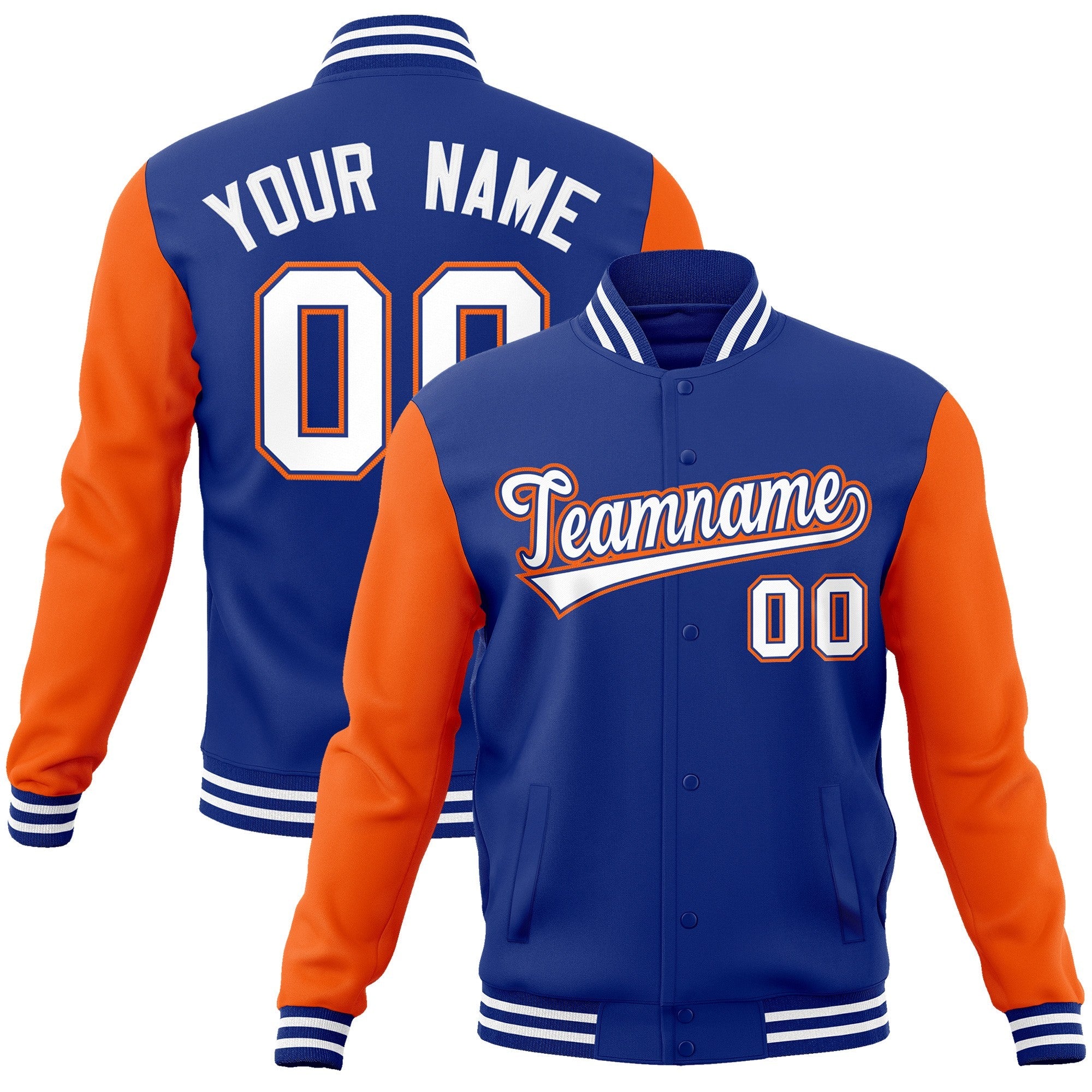 Custom Royal White-Royal Raglan Sleeves Varsity Full-Snap Letterman Jacket