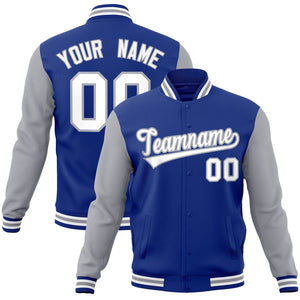 Custom Royal White-Gray Raglan Sleeves Varsity Full-Snap Letterman Jacket