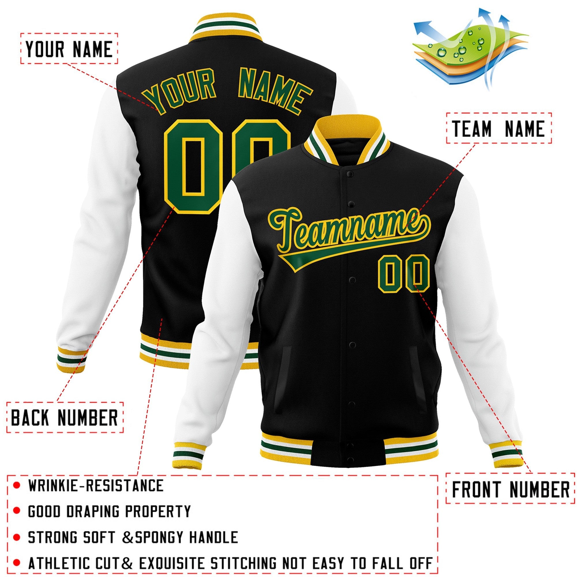 Veste Letterman Varsity Full-Snap à manches raglan personnalisées noir vert-or