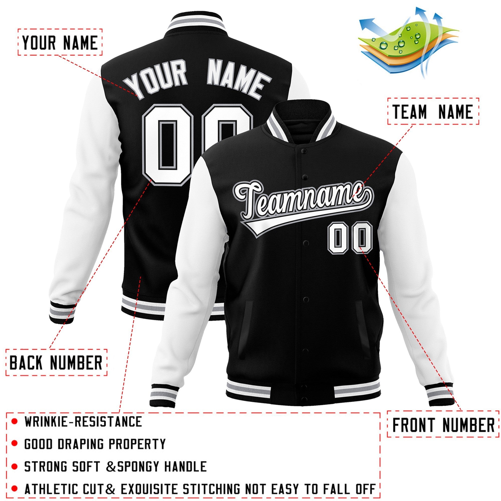 Custom Black White-Black Raglan Sleeves Varsity Full-Snap Letterman Jacket