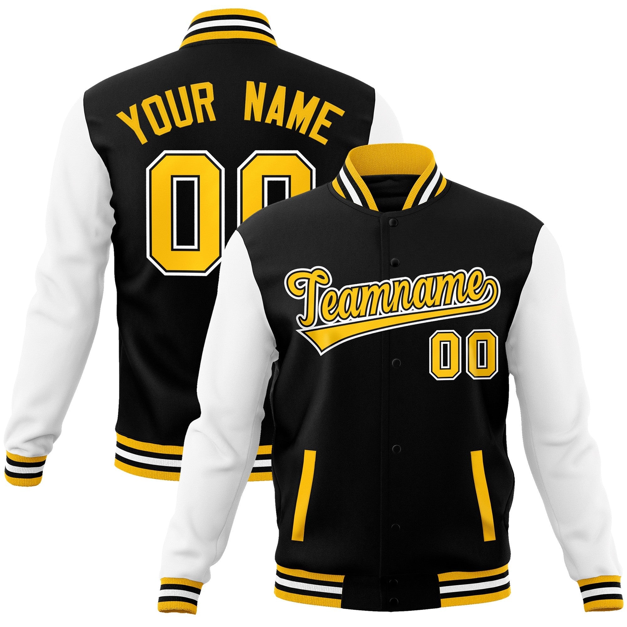 Custom Black Gold-Black Raglan Sleeves Varsity Full-Snap Letterman Jacket