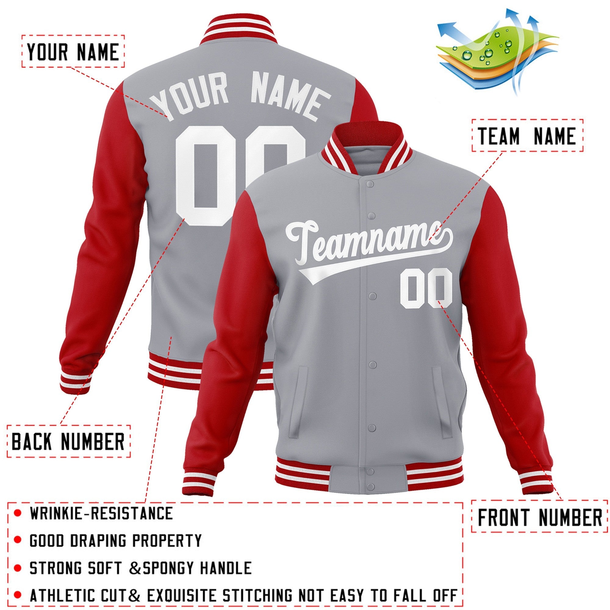 Veste Letterman Varsity Full-Snap à manches raglan blanches et grises personnalisées