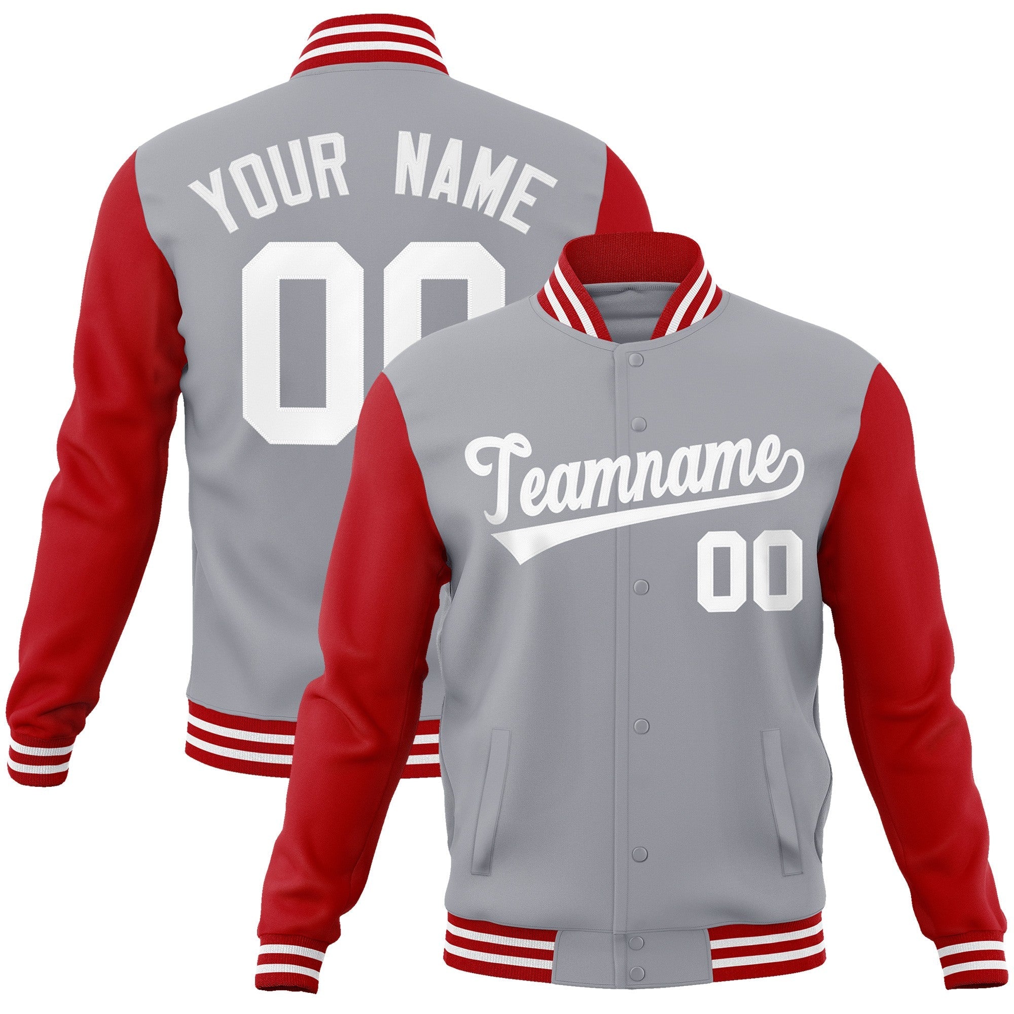 Custom Gray White Raglan Sleeves Varsity Full-Snap Letterman Jacket