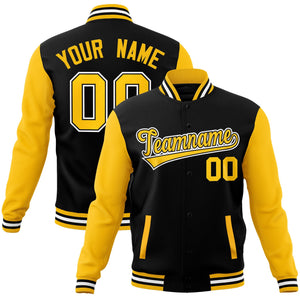 Custom Black Gold-Black Raglan Sleeves Varsity Full-Snap Letterman Jacket