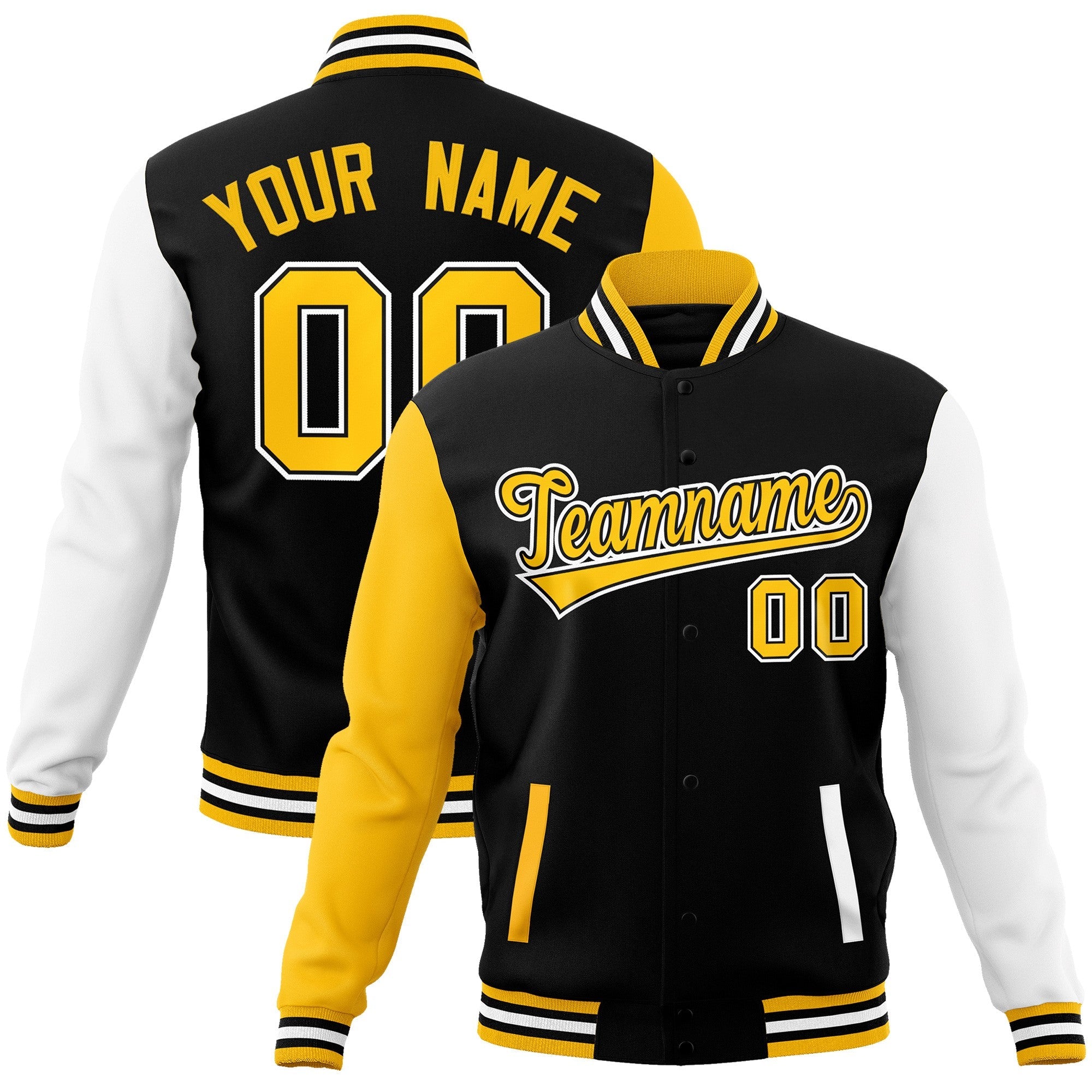 Custom Black Gold-Black Raglan Sleeves Varsity Full-Snap Letterman Jacket