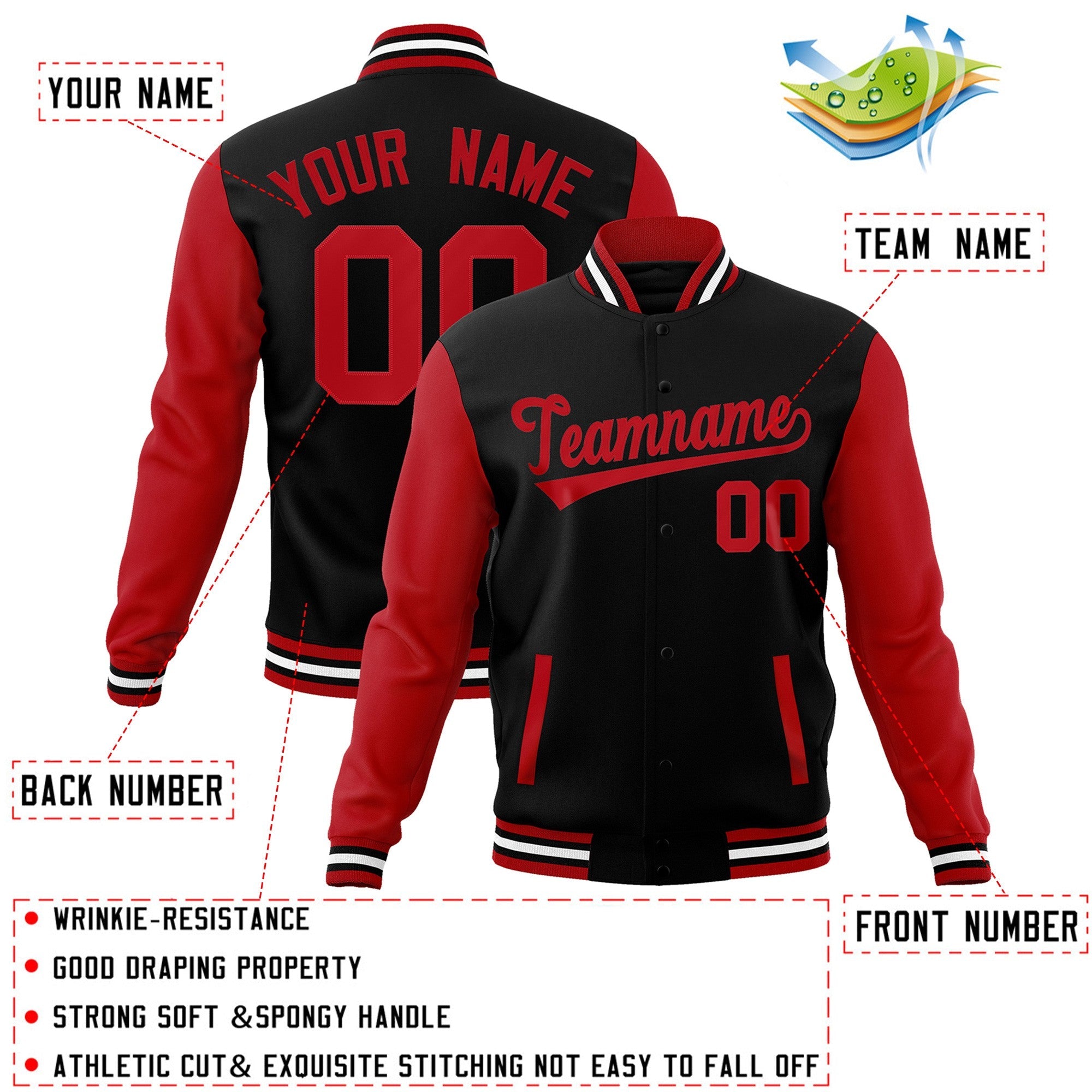 Custom Black Red Raglan Sleeves Varsity Full-Snap Letterman Jacket