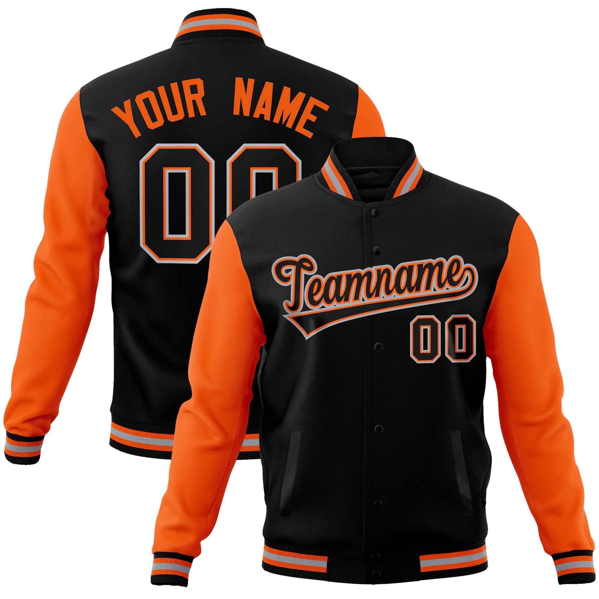 Custom Black Black-Orange Raglan Sleeves Varsity Full-Snap Letterman Jacket