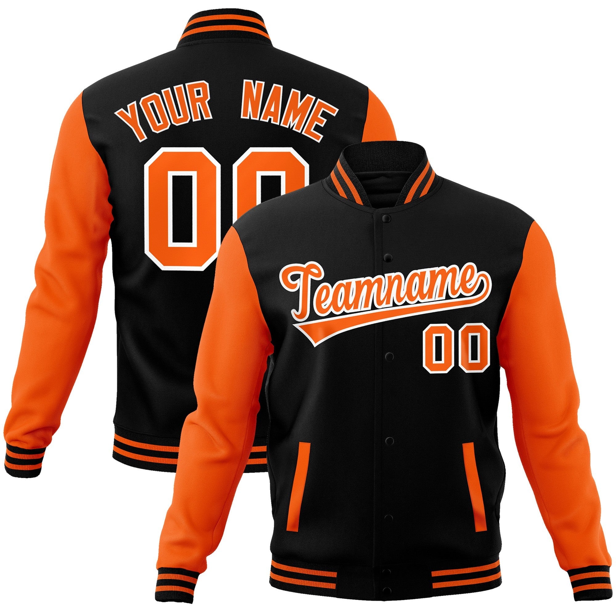 Custom Black Orange-White Raglan Sleeves Varsity Full-Snap Letterman Jacket