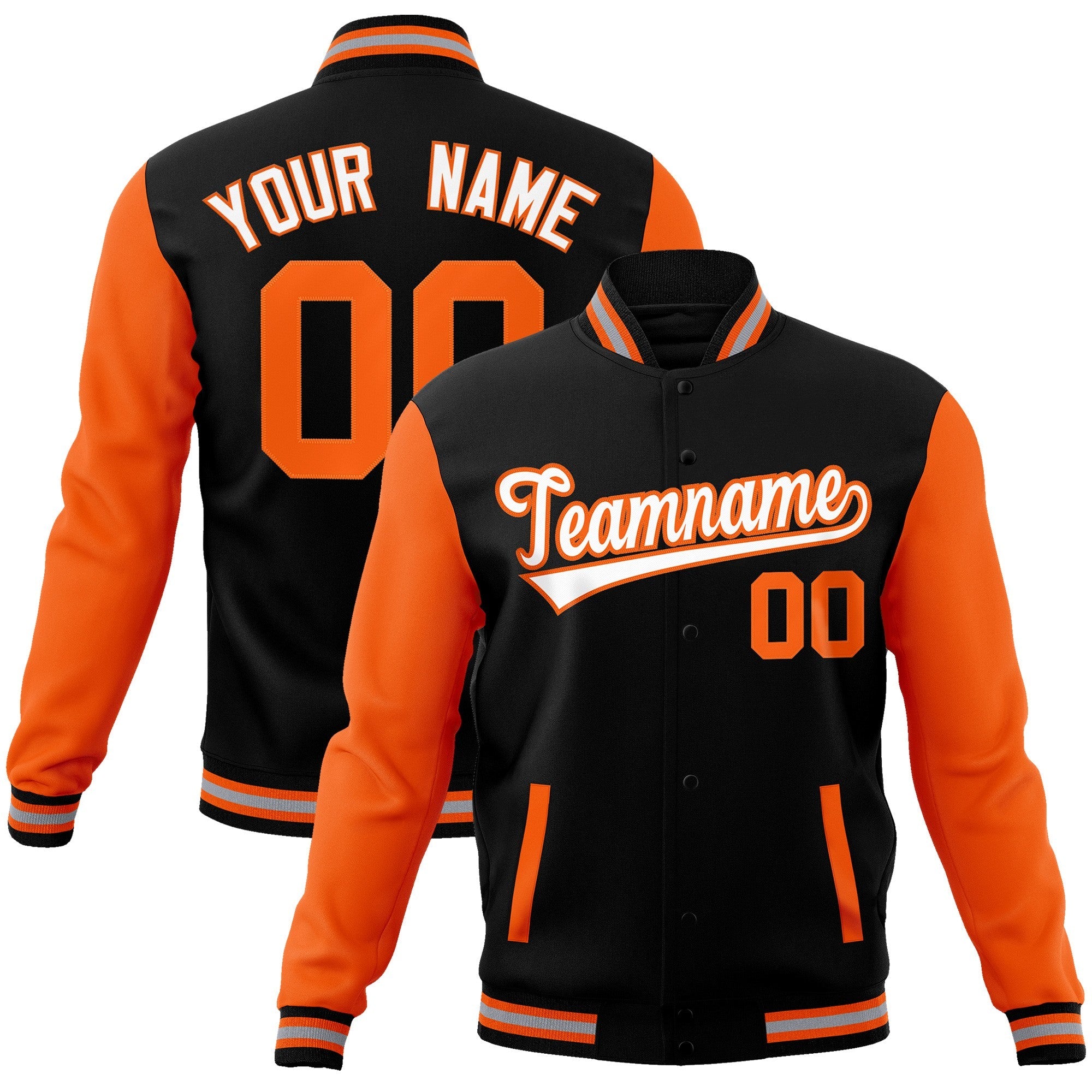 Custom Black White-Orange Raglan Sleeves Varsity Full-Snap Letterman Jacket