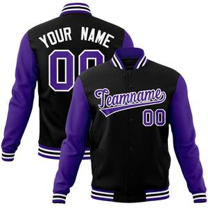 Custom Black Purple-White Raglan Sleeves Varsity Full-Snap Letterman Jacket