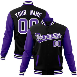 Veste Letterman Varsity Full-Snap à manches raglan personnalisées noir violet-blanc