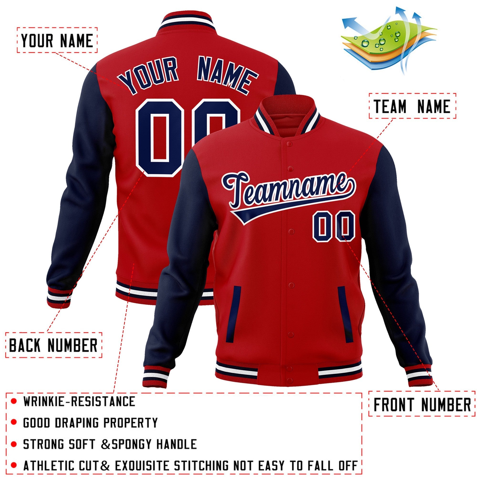 Custom Red Navy-White Raglan Sleeves Varsity Full-Snap Letterman Jacket