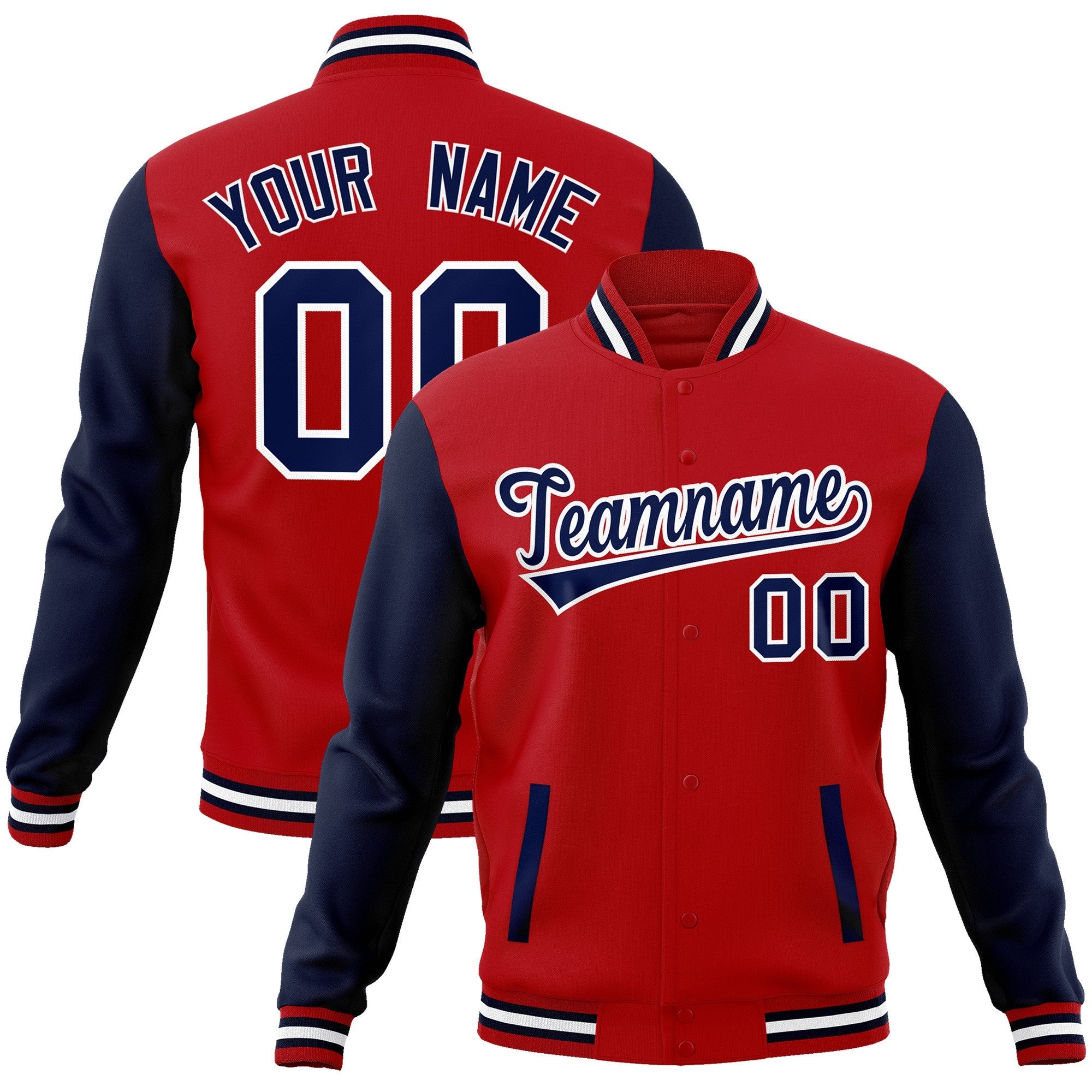 Custom Red Navy-White Raglan Sleeves Varsity Full-Snap Letterman Jacket