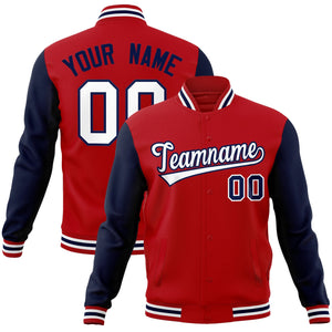 Custom Red White-Navy Raglan Sleeves Varsity Full-Snap Letterman Jacket