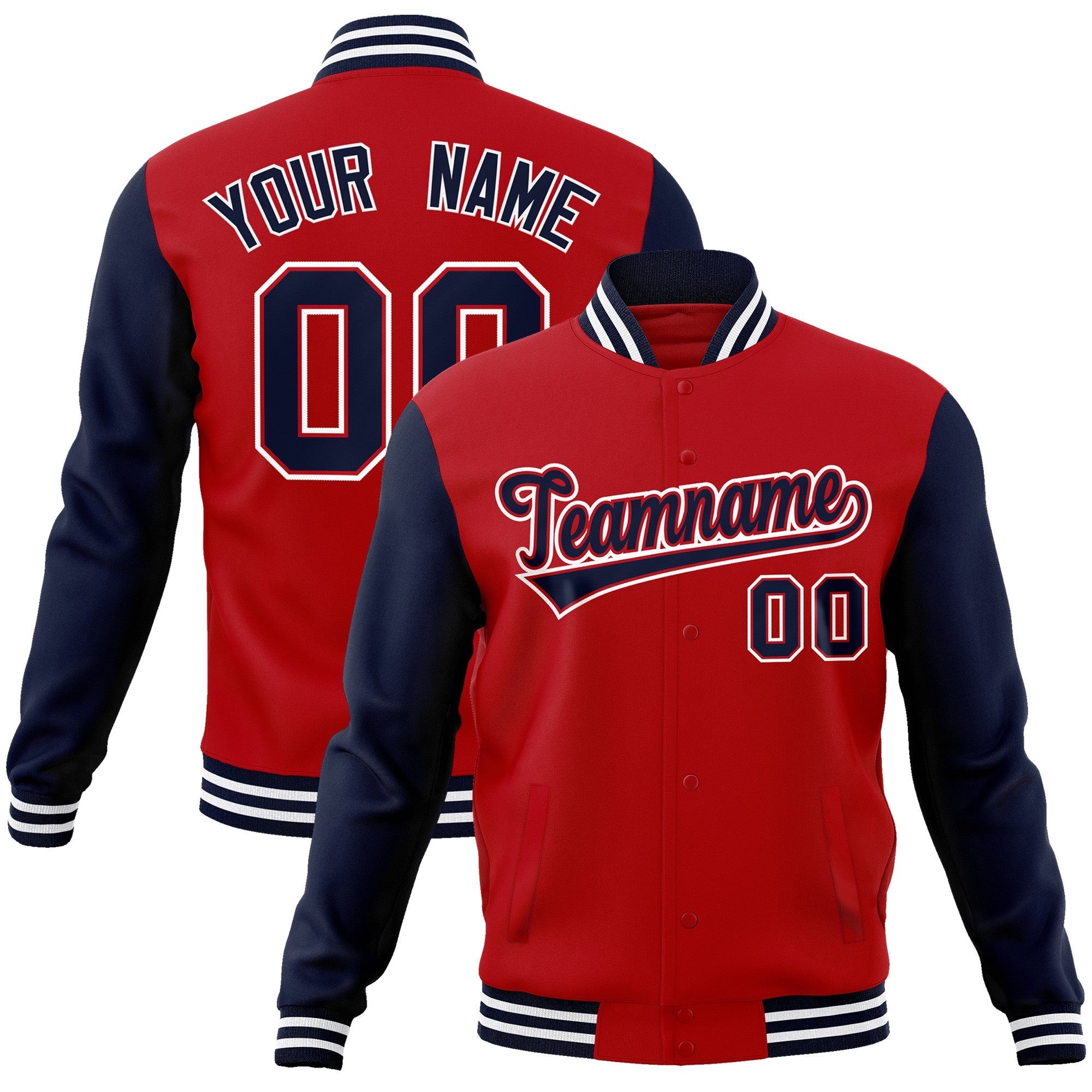 Custom Red Navy-Red Raglan Sleeves Varsity Full-Snap Letterman Jacket