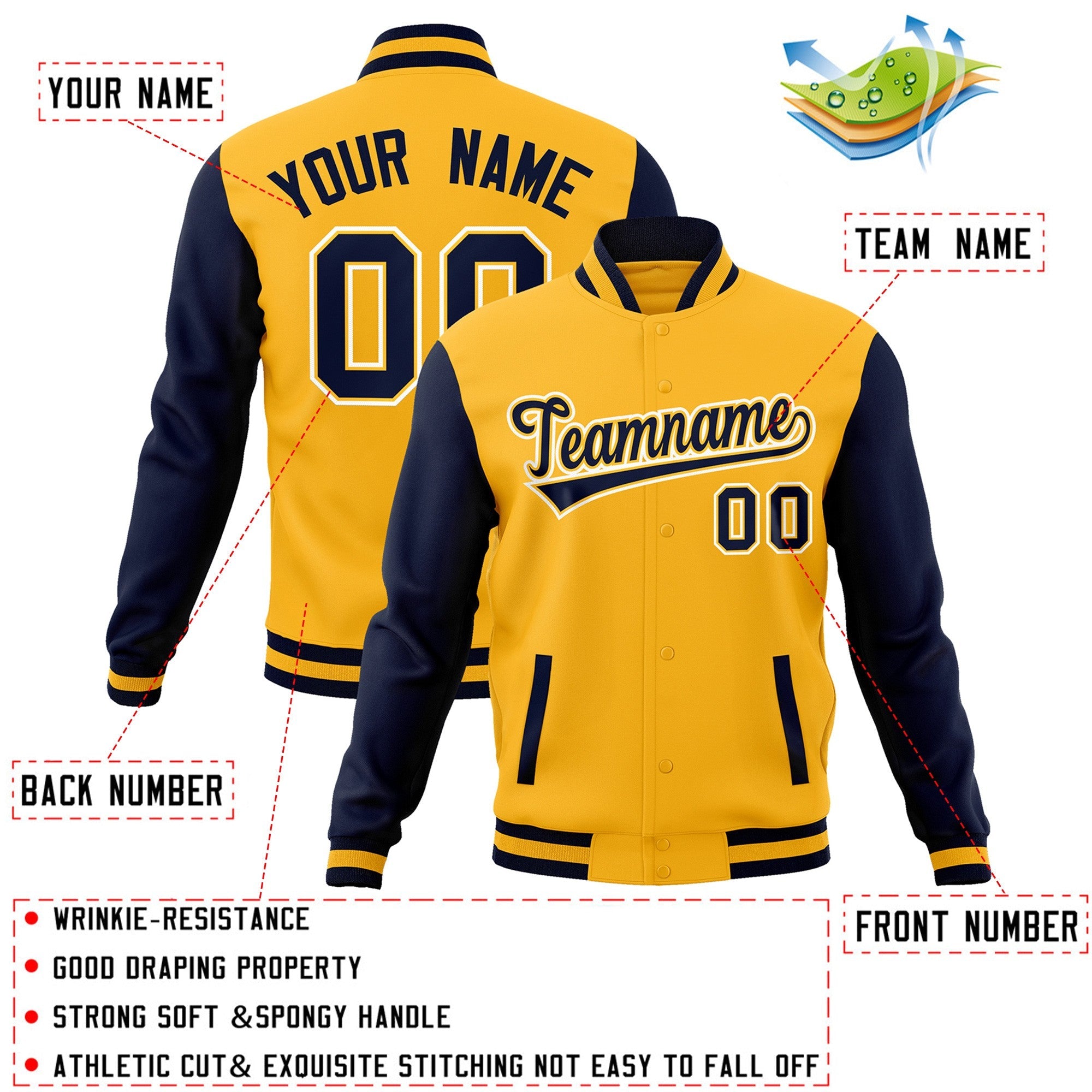 Veste Letterman Varsity Full-Snap Custom Gold Navy-Gold à manches raglan