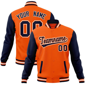 Custom Orange Navy-Orange Raglan Sleeves Varsity Full-Snap Letterman Jacket