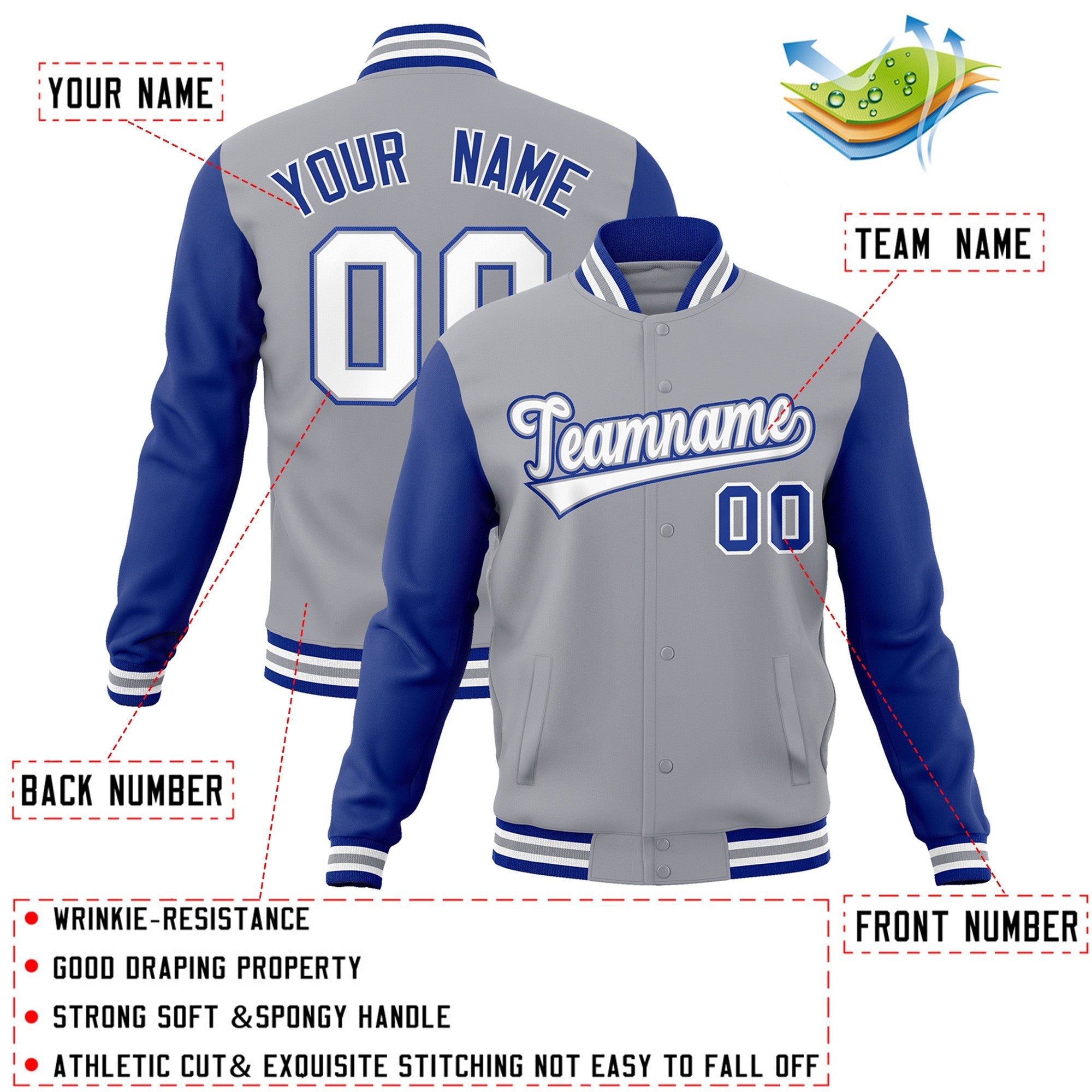 Veste Letterman Varsity Full-Snap à manches raglan gris blanc-gris personnalisée